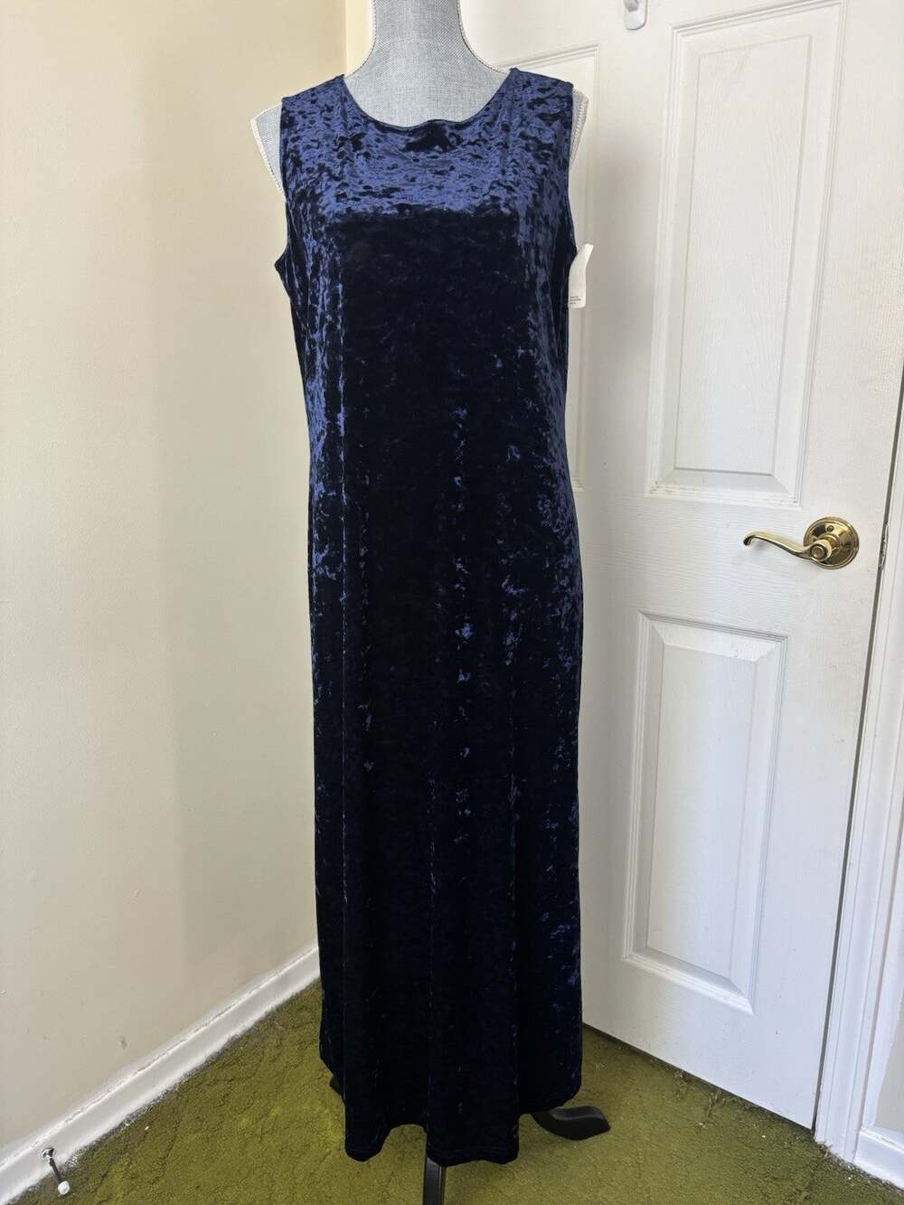 Deadstock 90s Dressing Clio Navy Blue Crushed Velvet Maxi Dress M/L Sleeveless